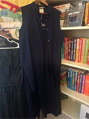 Vintage Sleeveless Navy Pantsuit with Button-Front Vest